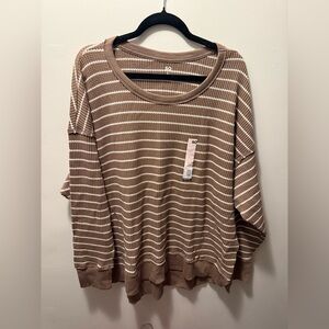 SO Brown and White Striped Waffle Knit Long Sleeve Top